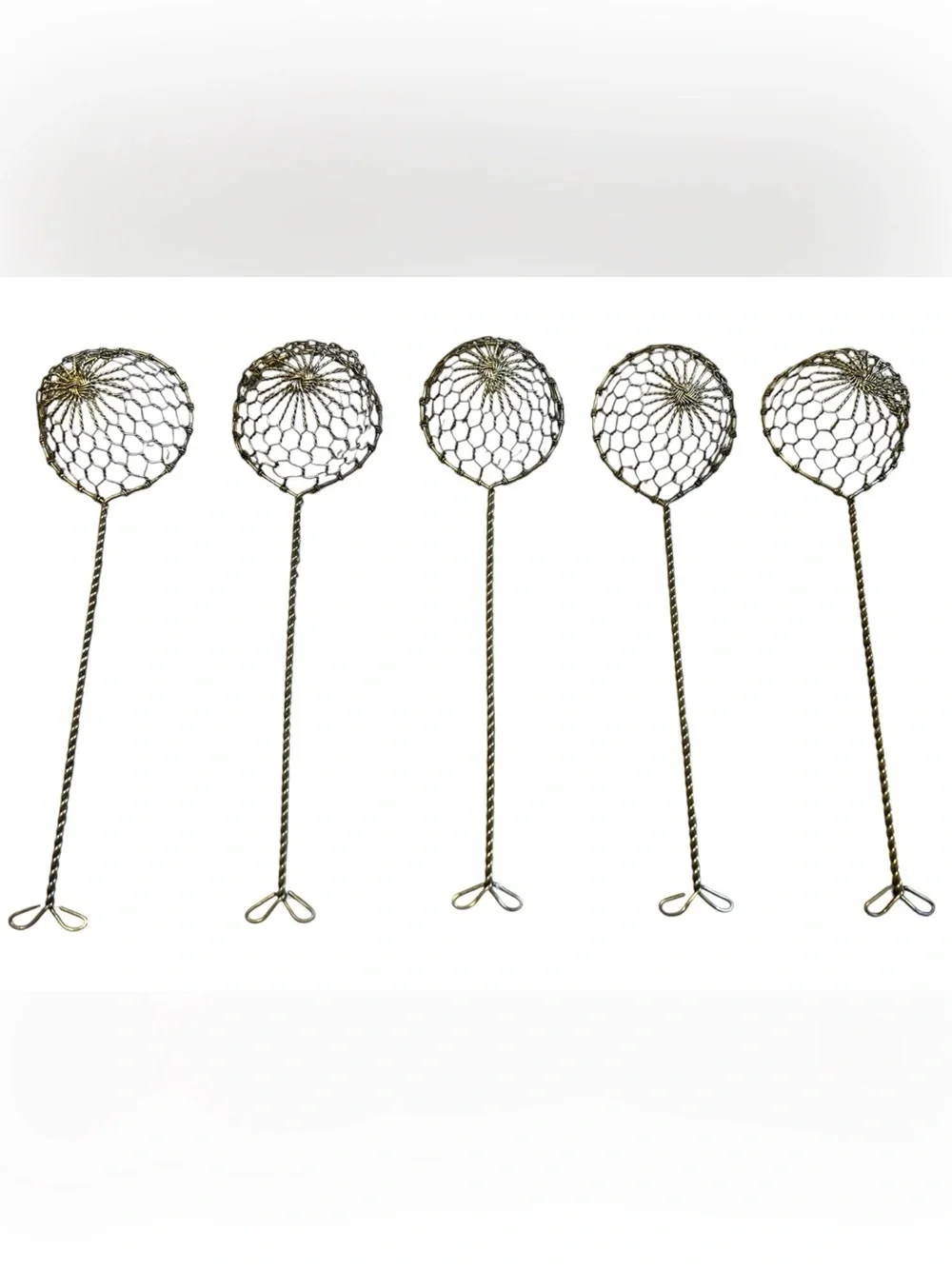 Antique Brass Wire Mesh Skimmers Set of 5 Egg Dippers Primitive Farmhouse